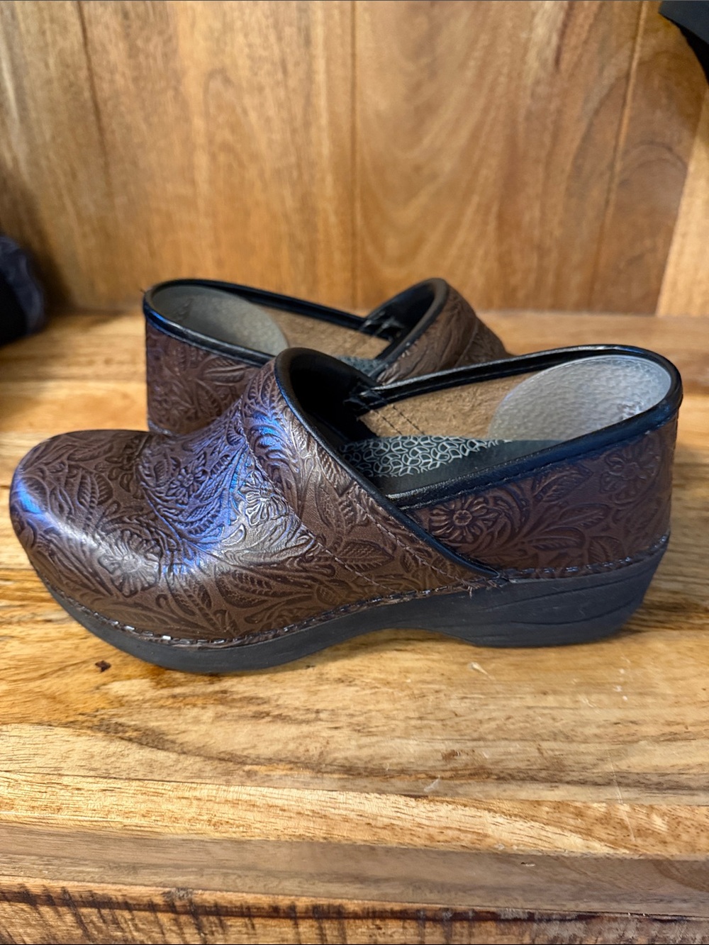 Dansko Brown Floral-Embossed Leather Clogs